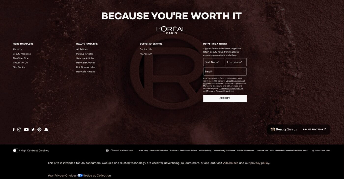 Footer website of L'Oréal